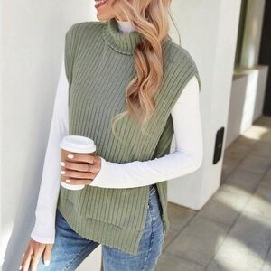 SHEIN Essnce Turtleneck Ribbed Knit Split Hem Tank Top Without Tee